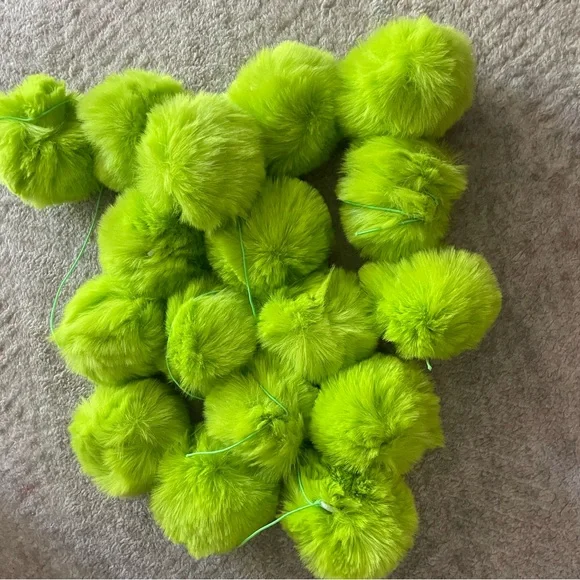 ***GRINCH*** Vibrant Green Faux Fur Pom-Pom Ornaments (bundle of two sizes) - Picture 1 of 3